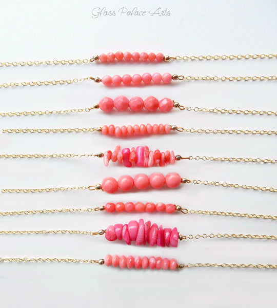 Beaded Pink Coral Bar Necklace For Women - Gold, Rose Gold, Sterling Silver