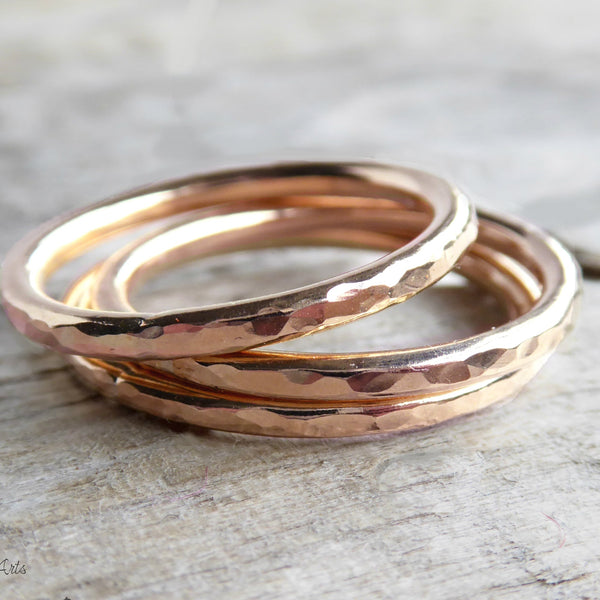 Mixed Metal Three Ring Stacking Set For Women - Hammered Sterling Silver, 14k Gold Fill, Rose Gold Fill