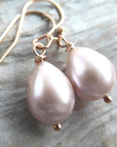 Freshwater Pearl Champagne Pink Pearl Teardrop Earrings - Sterling Silver, Gold or Rose Gold