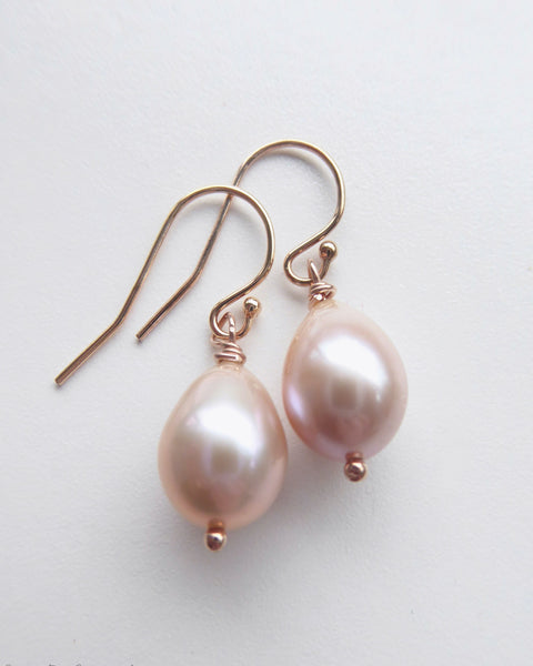 Freshwater Pearl Champagne Pink Pearl Teardrop Earrings - Sterling Silver, Gold or Rose Gold