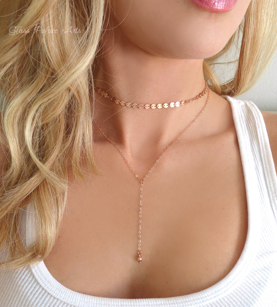 Choker Lariat Necklace Set For Women - Sterling Silver, Gold, Rose