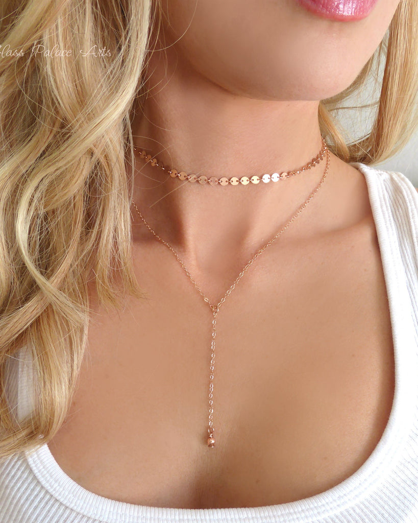 Choker Lariat Necklace Set For Women - Sterling Silver, Gold, Rose