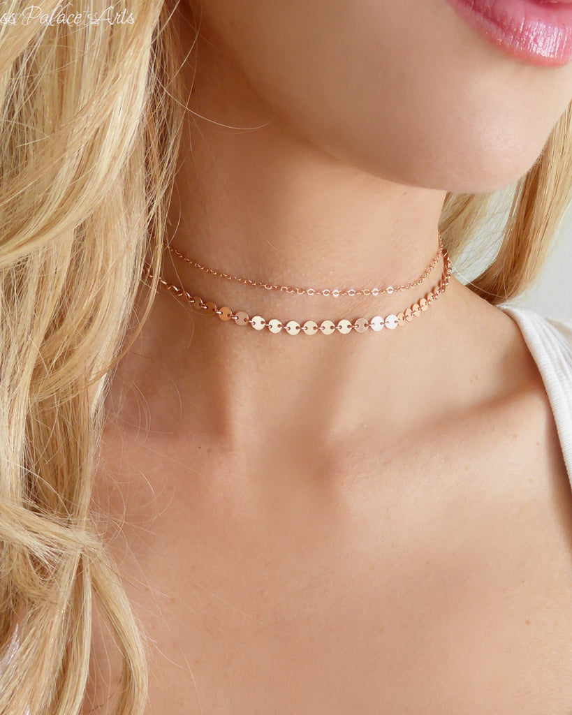 Rose Gold Choker Necklace Set - Dainty Double Choker Chain