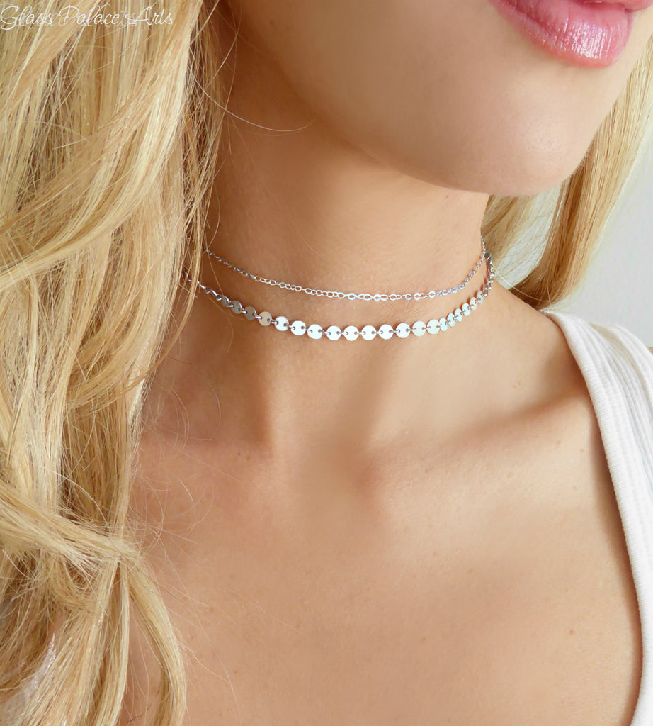 Sterling Silver Double Chain Choker Necklace Set
