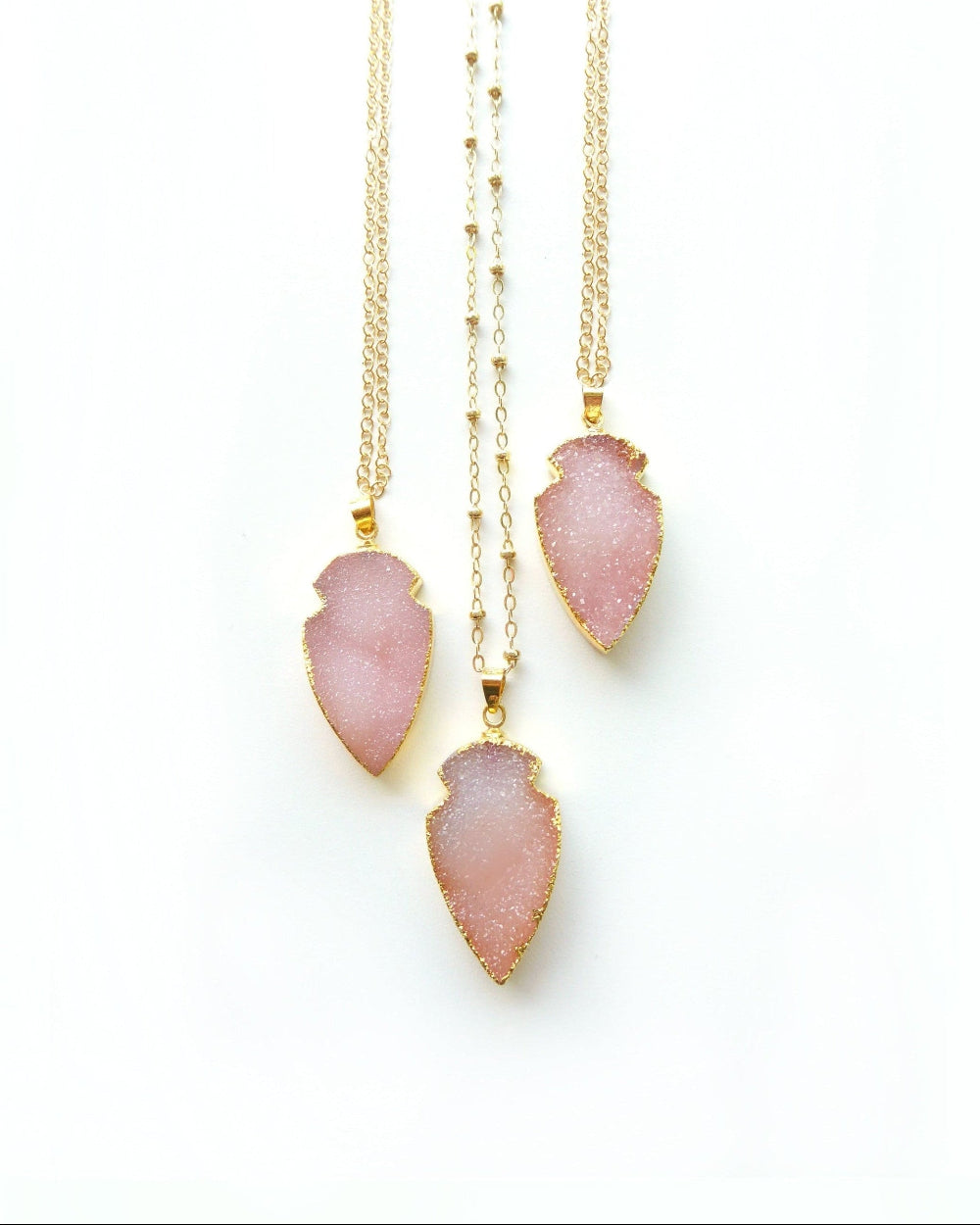Pink Peach Druzy Pendant Necklace For Women 14k Gold Fill Chain