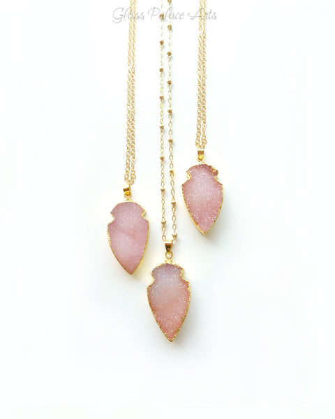 Pink Peach Druzy Pendant Necklace For Women 14k Gold Fill Chain