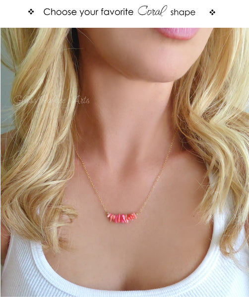 Beaded Pink Coral Bar Necklace For Women - Gold, Rose Gold, Sterling Silver