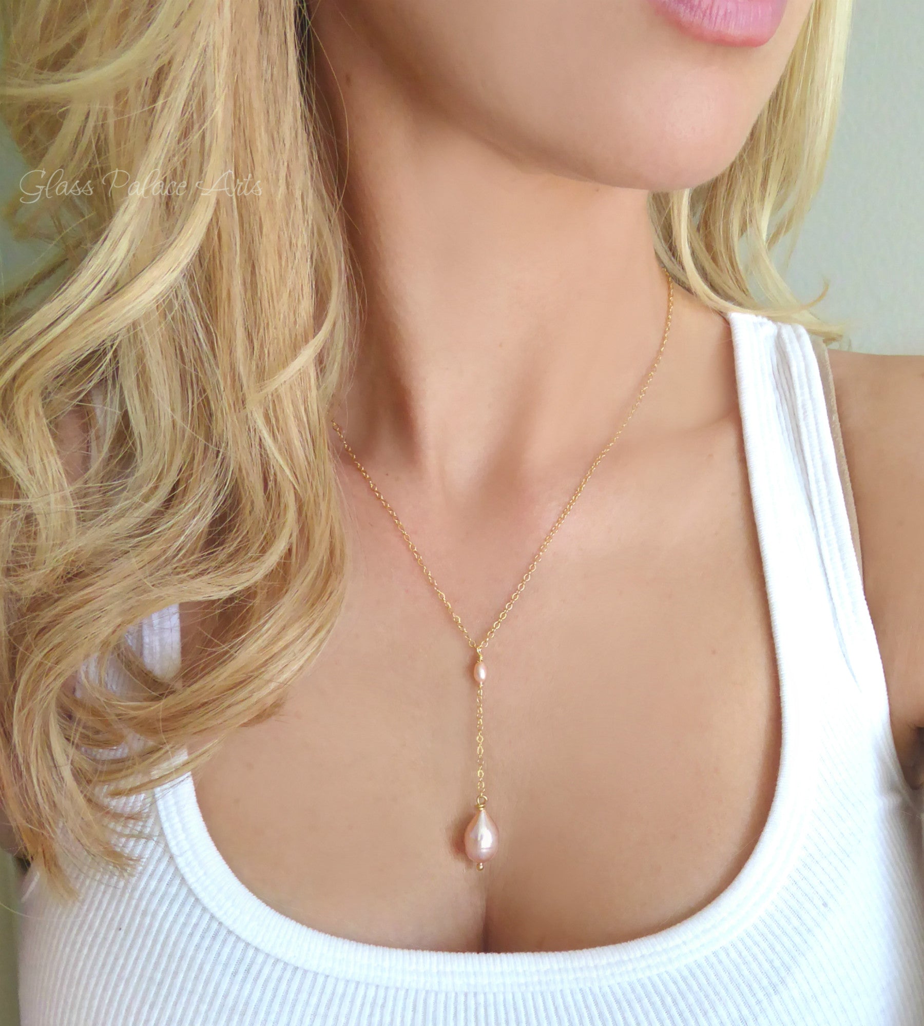 Champagne Pink Freshwater Pearl Y Necklace - Sterling Silver, Rose Gold or Gold