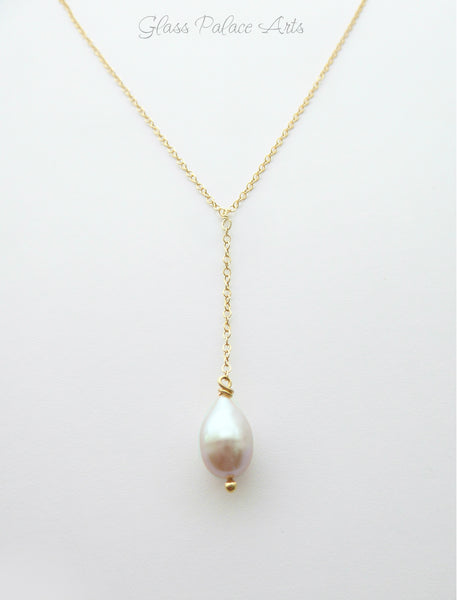 Freshwater Pearl Teardrop Lariat Y Necklace - Sterling Silver, Gold or Rose Gold