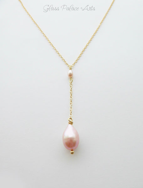 Champagne Pink Freshwater Pearl Y Necklace - Sterling Silver, Rose Gol ...