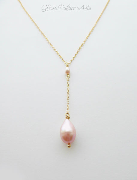 Champagne Pink Freshwater Pearl Y Necklace - Sterling Silver, Rose Gold or Gold
