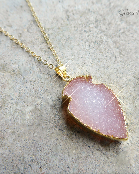 Pink Peach Druzy Pendant Necklace For Women 14k Gold Fill Chain