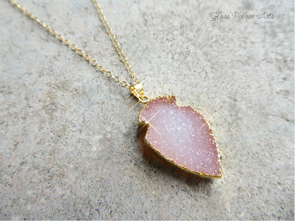 Pink Peach Druzy Pendant Necklace For Women 14k Gold Fill Chain