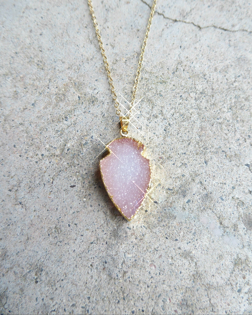 Pink Peach Druzy Pendant Necklace For Women 14k Gold Fill Chain