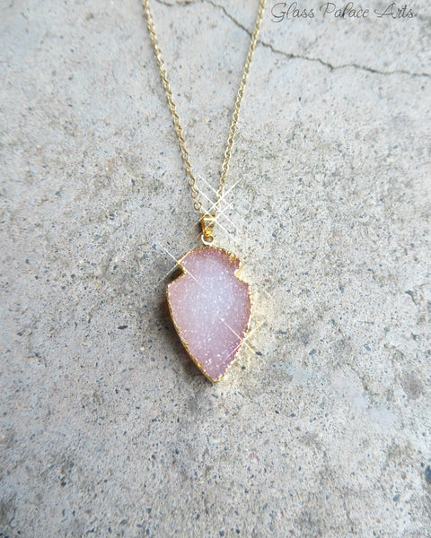 Pink Peach Druzy Pendant Necklace For Women 14k Gold Fill Chain