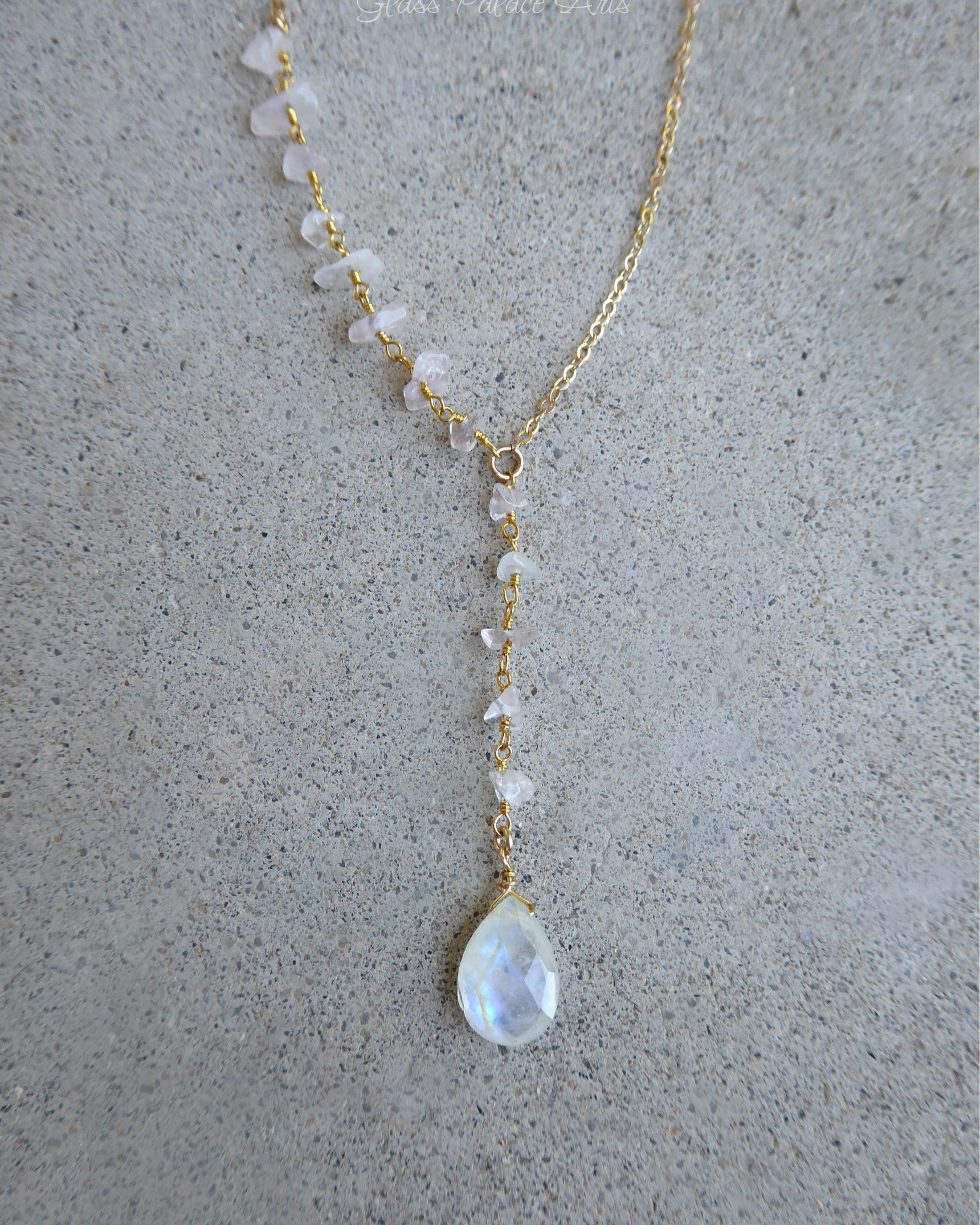 Gold Moonstone Lariat Necklace For Women
