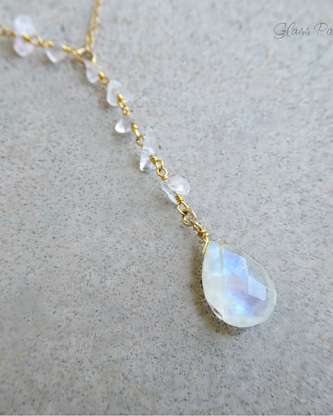 Gold Moonstone Lariat Necklace For Women