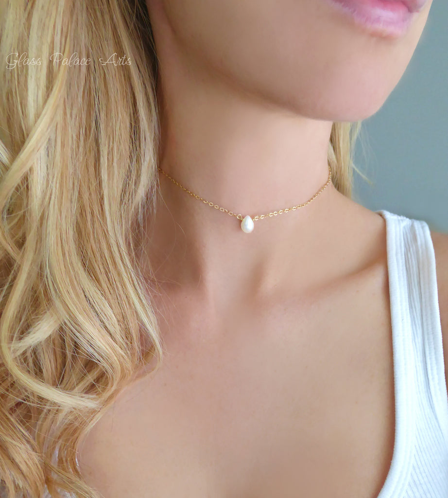 Tiny Pearl Teardrop Choker Necklace For Women - Sterling Silver