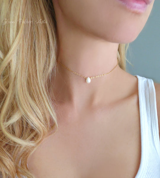 Tiny Pearl Teardrop Choker Necklace For Women - Sterling Silver, 14k Gold Fill, Rose Gold Fill