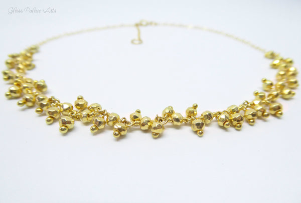 Gold Beaded Choker Necklace With Genuine Sparkling Pyrite
