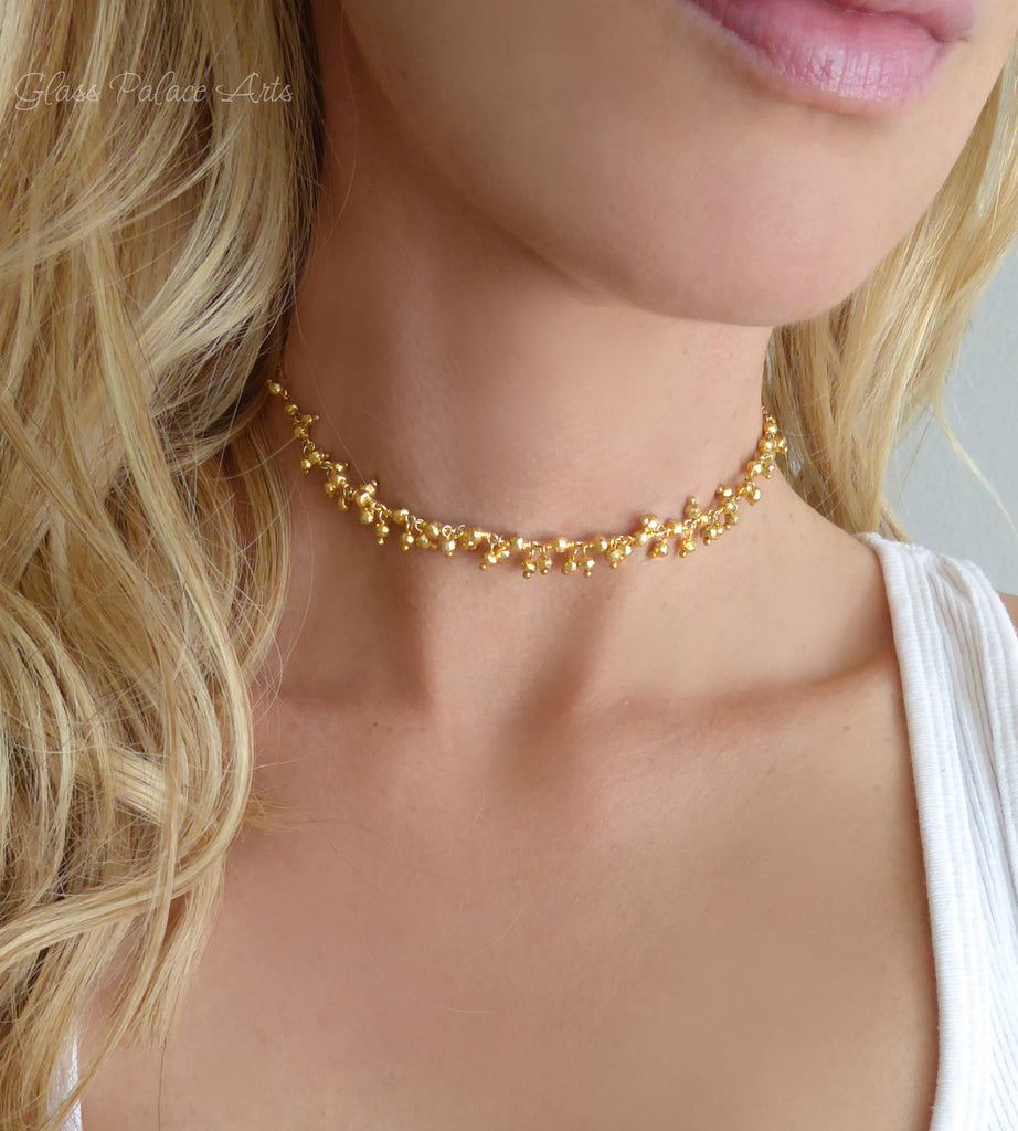 Gold Beaded Choker Necklace With Genuine Sparkling Pyrite – Glass