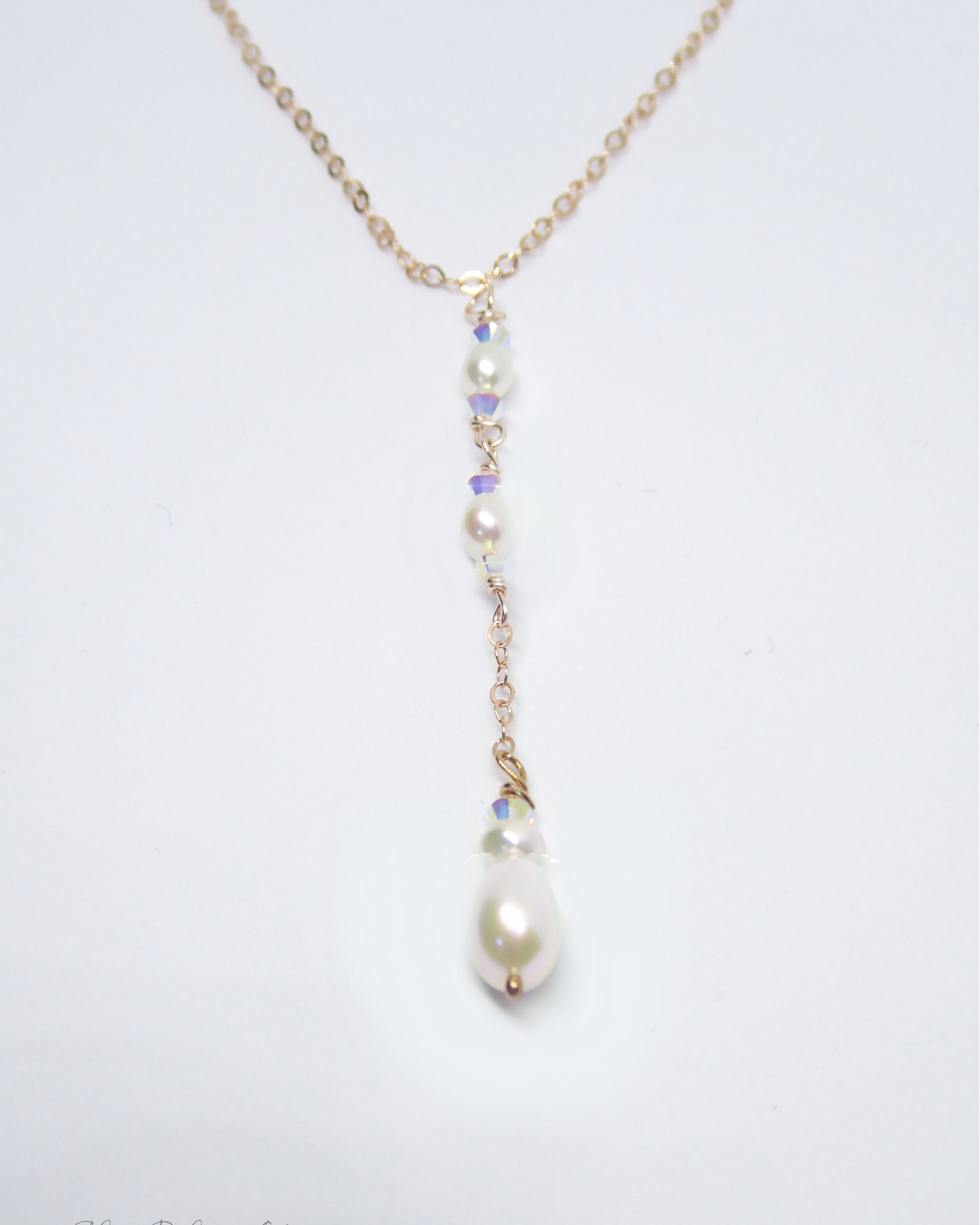 Dainty Freshwater Pearl Lariat Y Necklace ~ With Swarovski Crystals