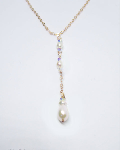 Dainty Freshwater Pearl Lariat Y Necklace ~ With Swarovski Crystals