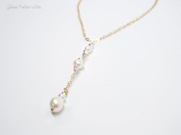Dainty Freshwater Pearl Lariat Y Necklace ~ With Swarovski Crystals