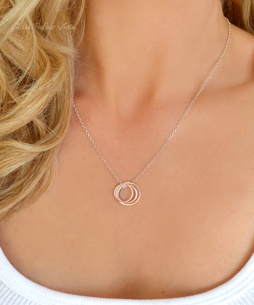 Three Metal Infinity Circle Necklace For Women - Sterling Silver, Rose Gold
