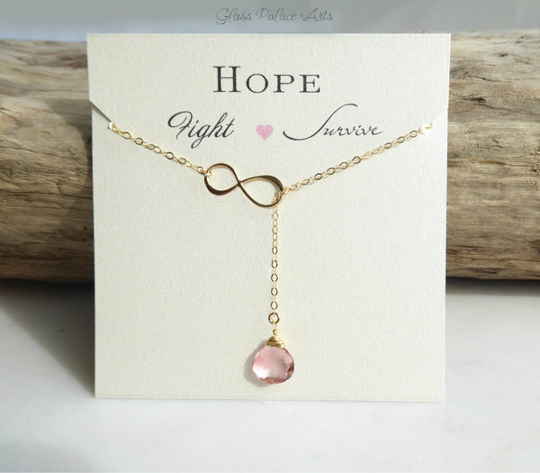 Breast Cancer Survivor Necklace - Pink Topaz Gemstone Lariat