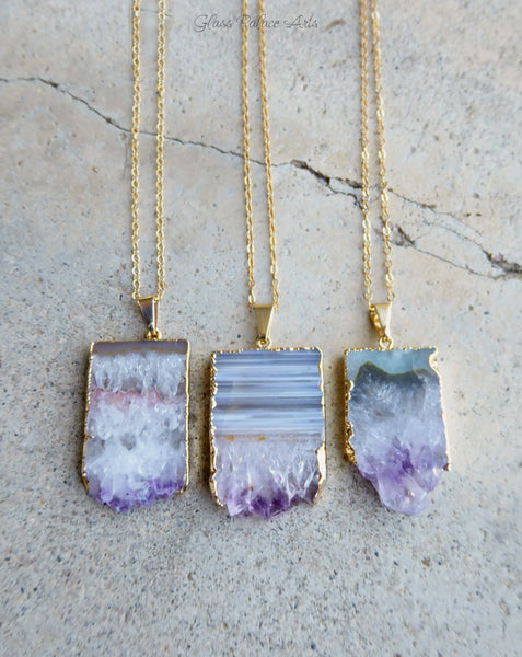 Genuine Amethyst Slice Druzy Geode Necklace With 14k Gold Fill Chain