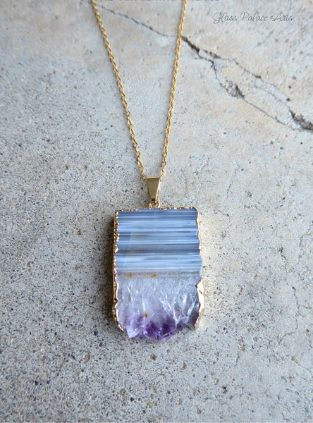 Genuine Amethyst Slice Druzy Geode Necklace With 14k Gold Fill Chain