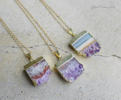 Raw Amethyst Slice Druzy Necklace Long - 14k Gold Filled Chain