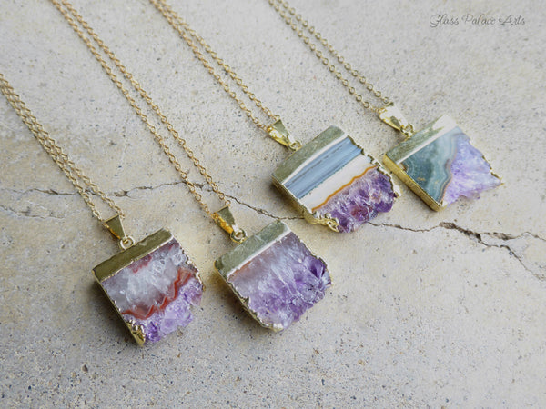 Raw Amethyst Slice Druzy Necklace Long - 14k Gold Filled Chain