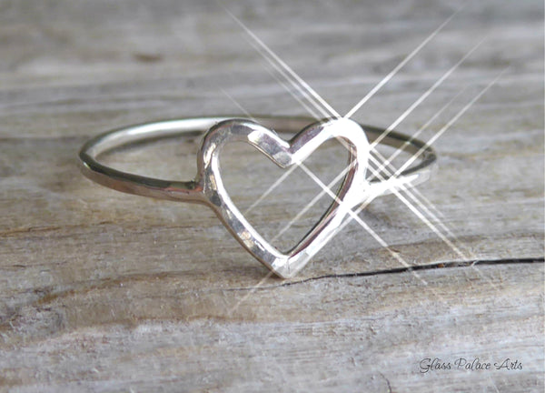 Sterling Silver Hammered Heart Ring For Women - Open Heart Friendship Stacking Ring