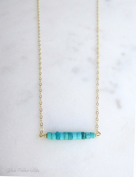 Dainty Beaded Turquoise Bar Necklace For Women - Choose Your Stone - Sterling Silver, 14k Gold Fill