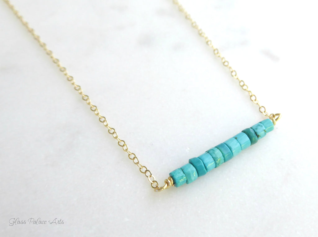 Genuine Beaded Turquoise Bar Necklace For Women - Sterling Silver or G ...
