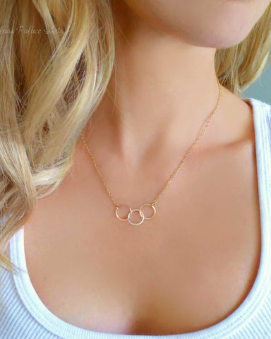 Three Circle Necklace For Women, Mixed Metal Trio 14k Gold Fill, Rose Gold, Sterling Silver