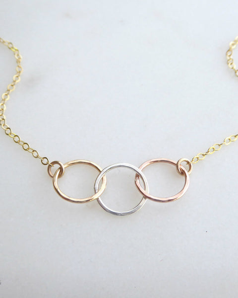 Three Circle Necklace For Women, Mixed Metal Trio 14k Gold Fill, Rose Gold, Sterling Silver