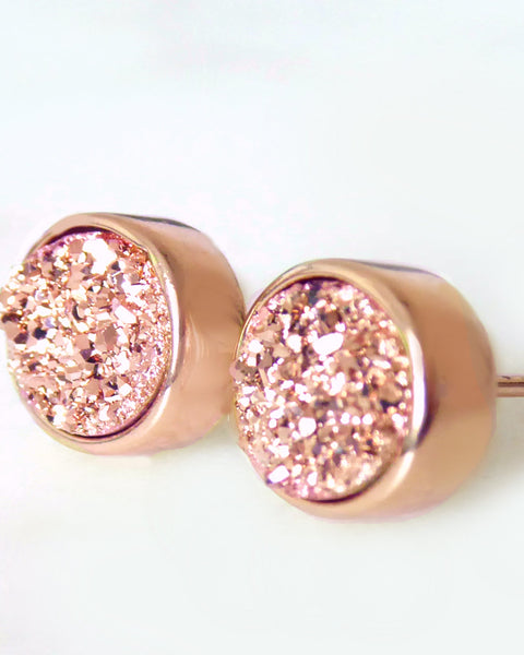 Rose Gold Druzy Stud Earrings For Women 8mm