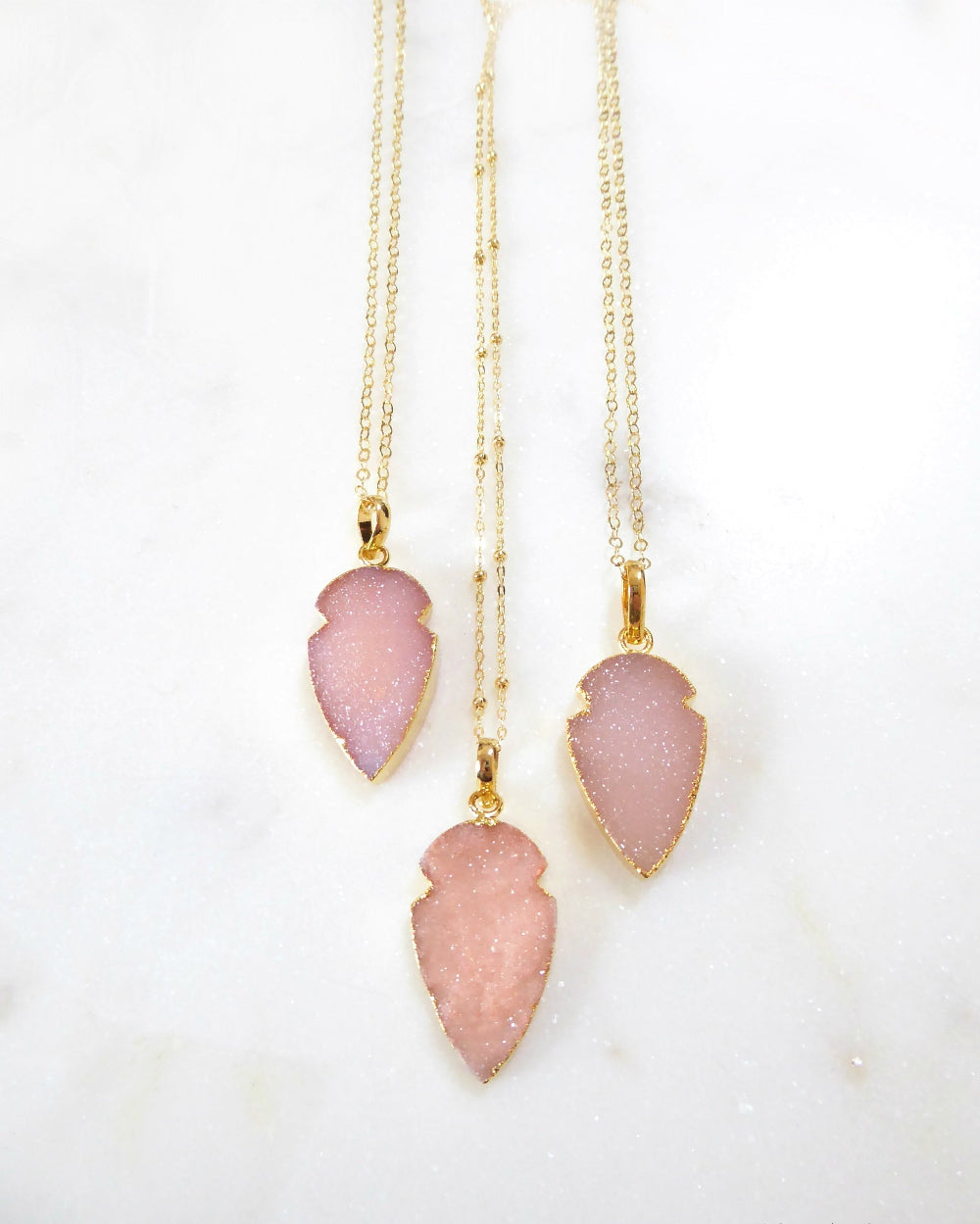 Pink Peach Druzy Pendant Necklace For Women 14k Gold Fill Chain