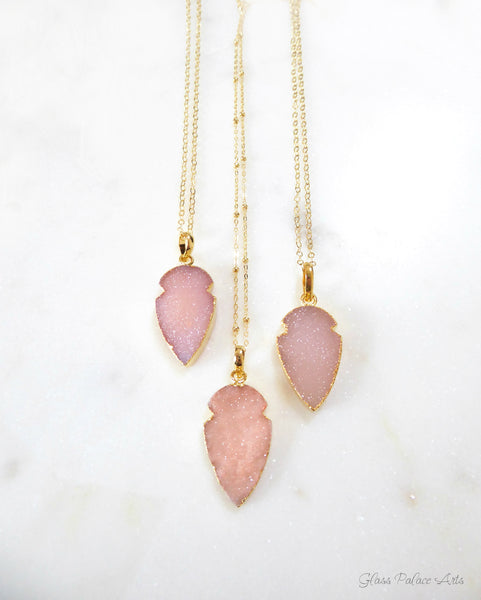 Pink Peach Druzy Pendant Necklace For Women 14k Gold Fill Chain