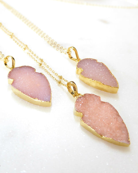 Pink Peach Druzy Pendant Necklace For Women 14k Gold Fill Chain