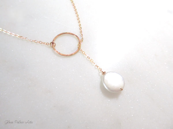 Modern Pearl Lariat Necklace With Freshwater Pearl Drop -Sterling Silver, 14k Gold Fill or Rose Gold