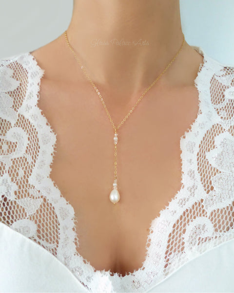 Freshwater Pearl And Herkimer Diamond Lariat Necklace - Sterling Silver, 14k Gold Fill or Rose Gold