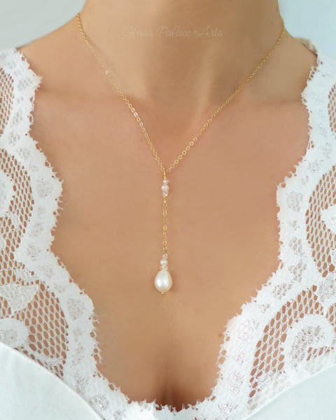 Freshwater Pearl And Herkimer Diamond Lariat Necklace - Sterling Silver, 14k Gold Fill or Rose Gold