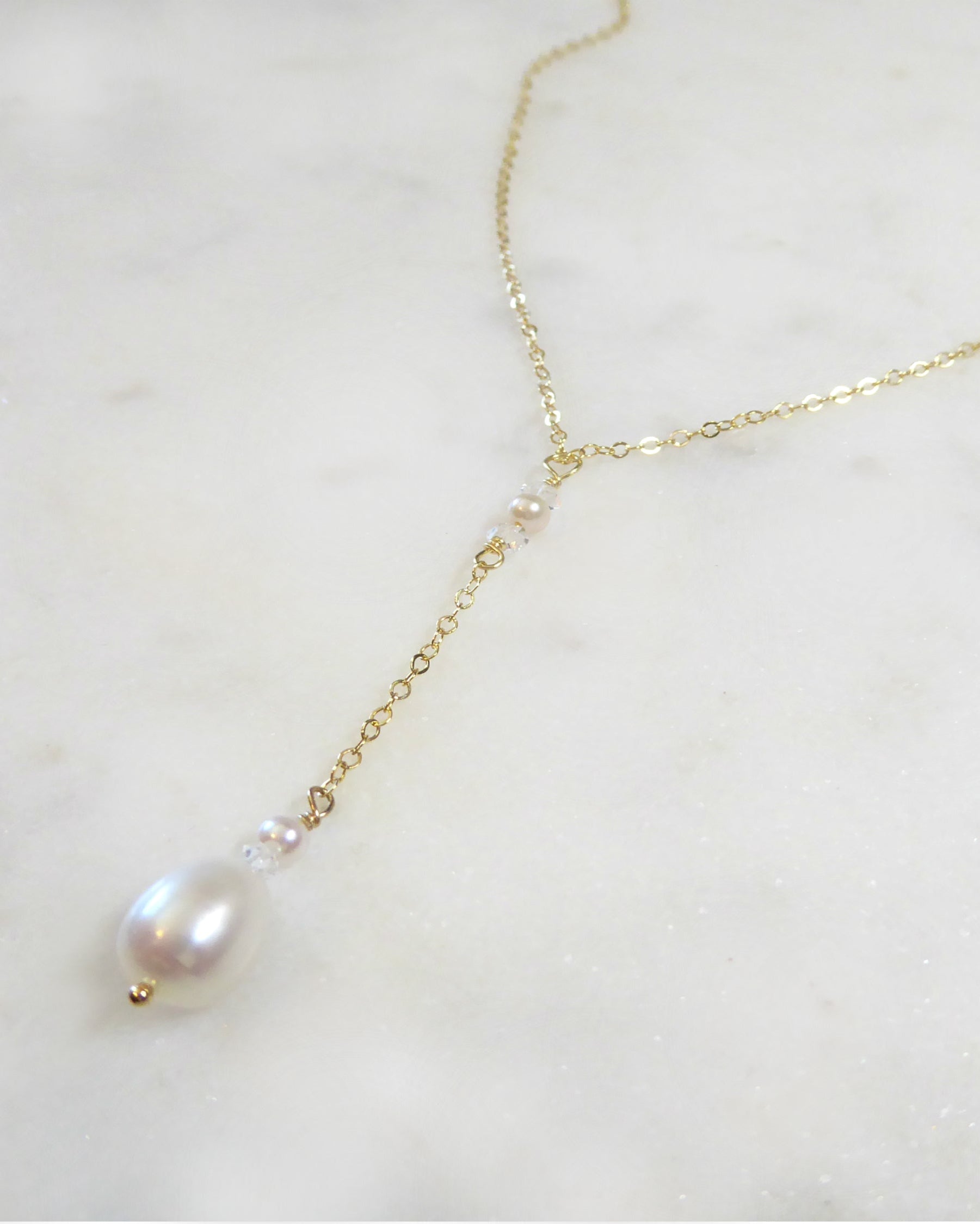 Freshwater Pearl And Herkimer Diamond Lariat Necklace