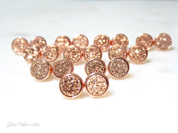 Rose Gold Druzy Stud Earrings For Women 8mm