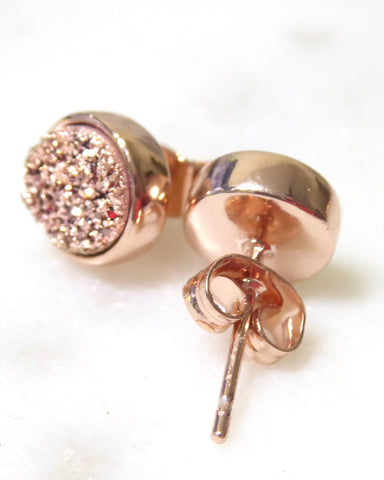 Rose Gold Druzy Stud Earrings For Women 8mm