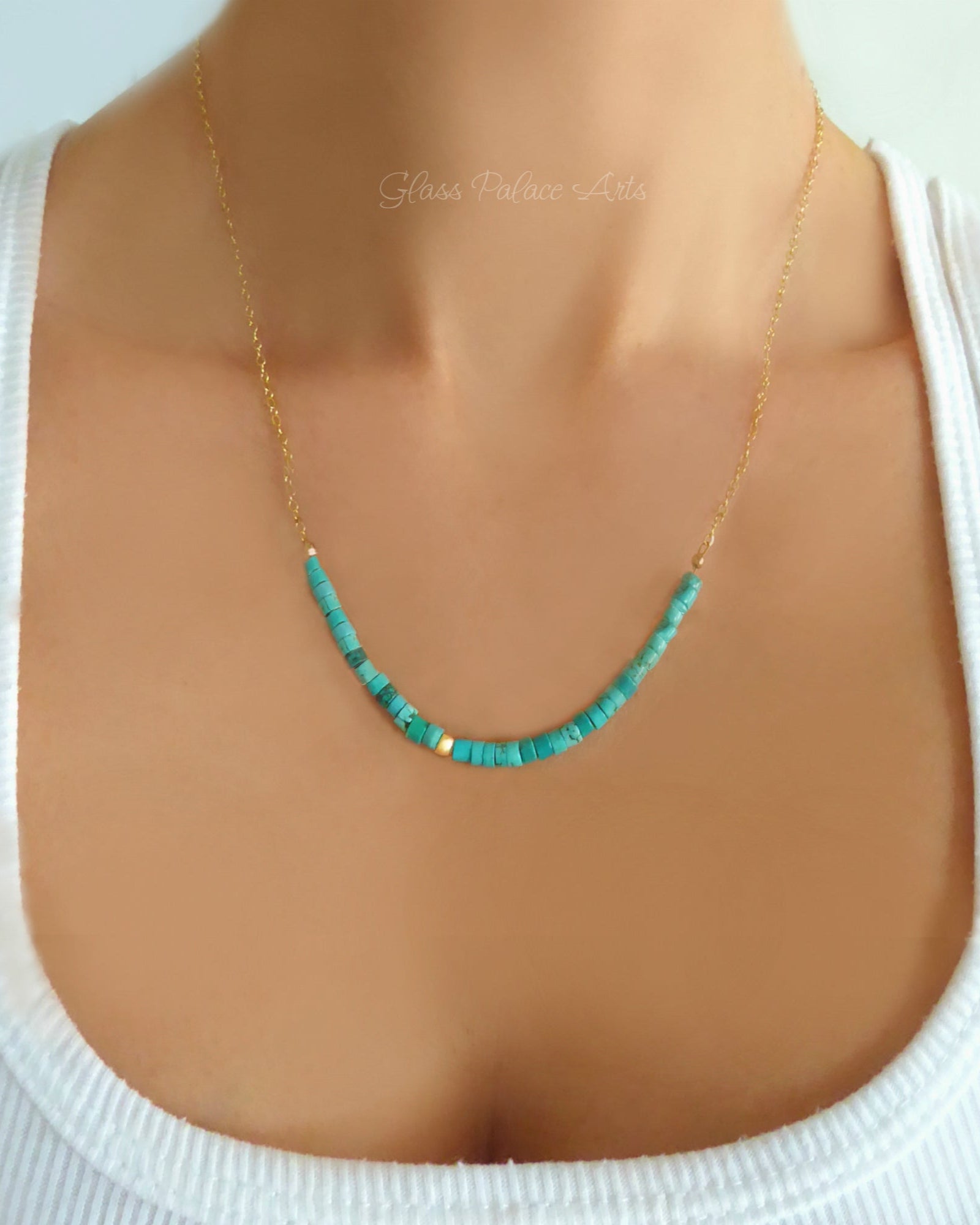 Simple Strand Beaded Turquoise Necklace For Women - Sterling Silver, 14k Gold Fill, Rose Gold